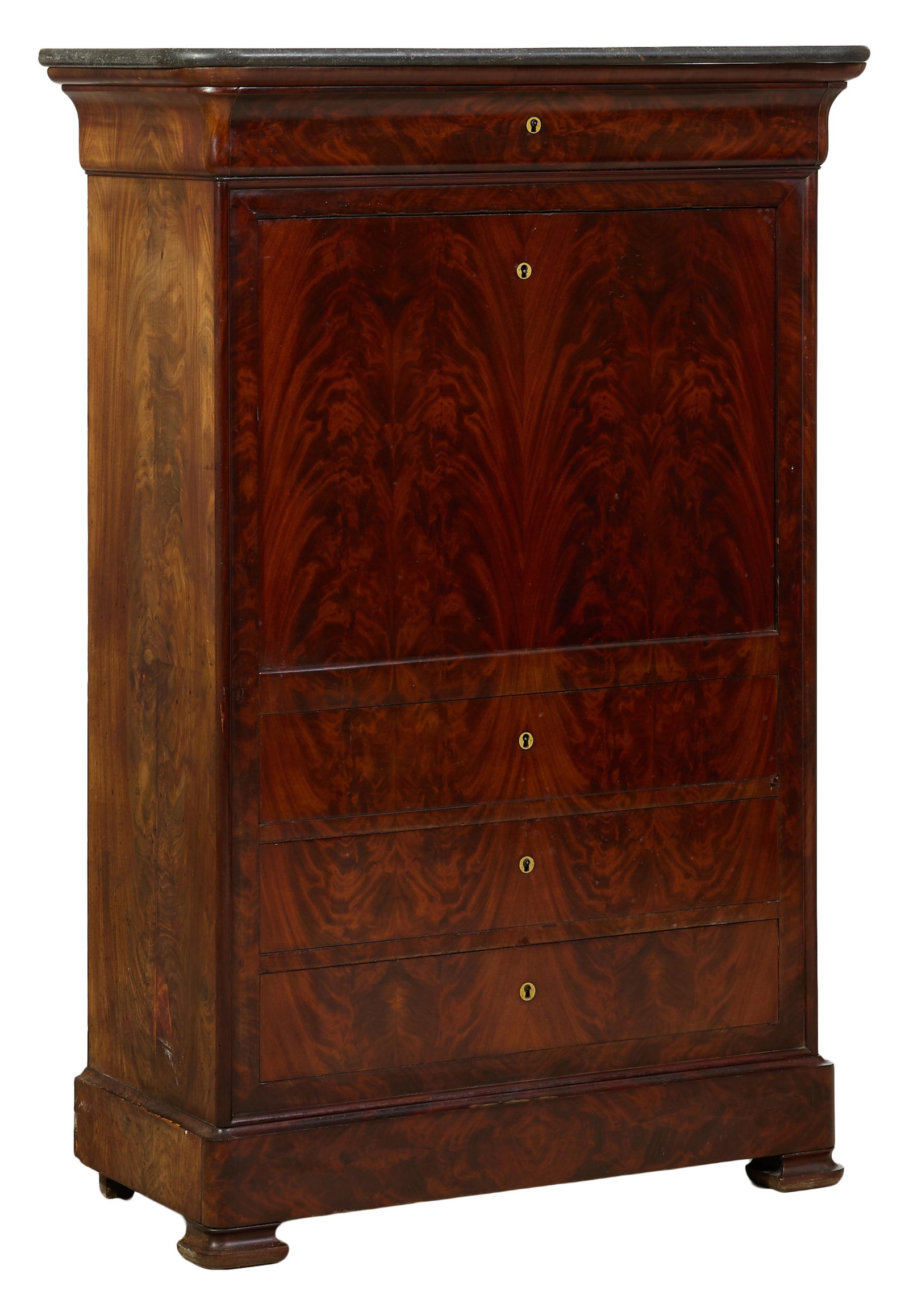 French Louis Philippe Marble Top Walnut Secretaire a Abattant, mid 19th c., H.- 57 1/4 in., W.- 38: French Louis Philippe Marble Top Walnut Secretaire a Abattant, mid 19th c., marble top with rounded corners, cyma frieze drawer, fall front revels fitted birds eye maple interior and writing surface, 