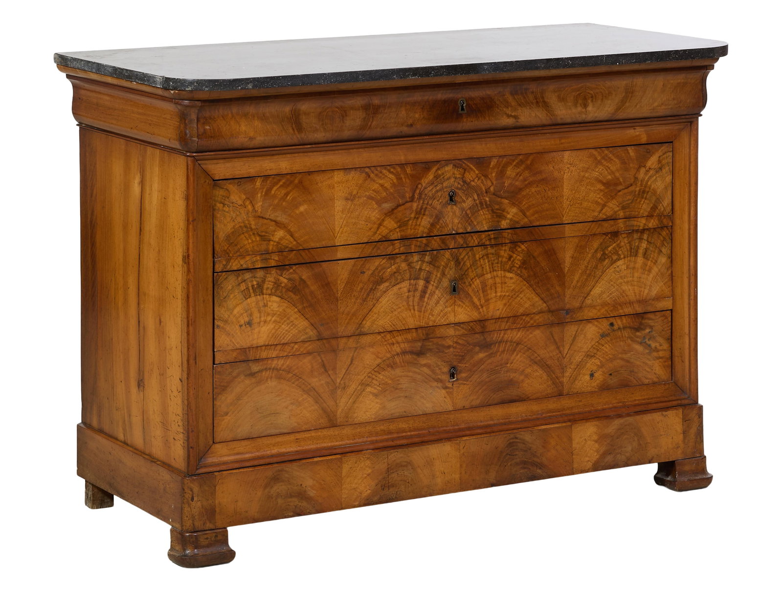 French Louis Philippe Marble Top Burled Walnut Commode, mid 19th c., H.- 36 1/2 in., W.- 51 in., D.- (1 of 2)