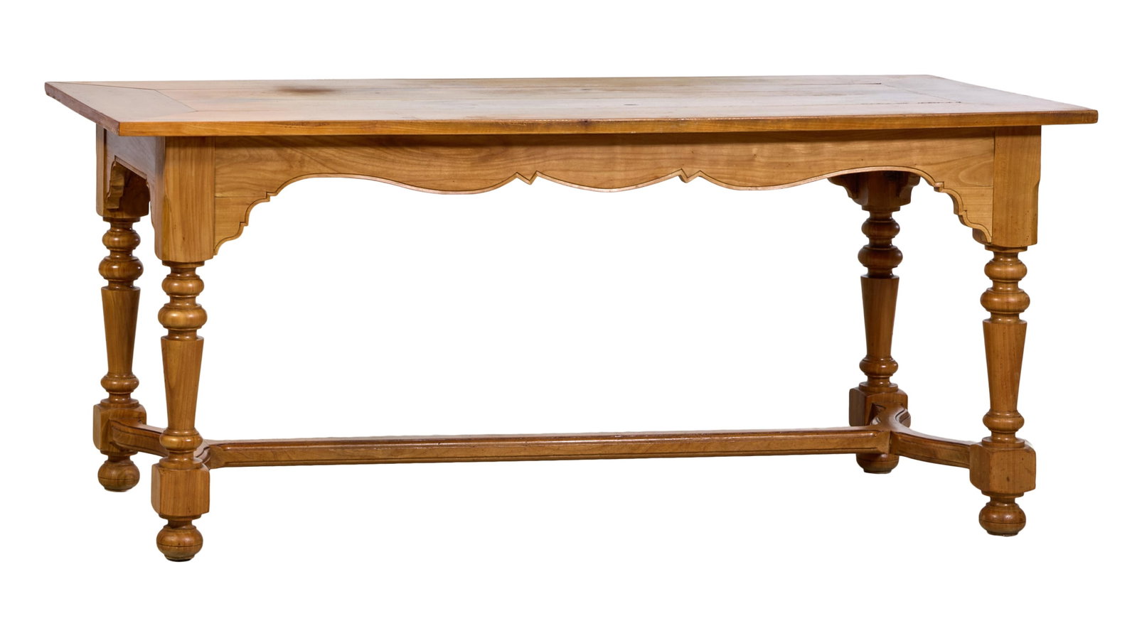 French Provincial Cherry Farm Table, mid 20th c., H.- 30 1/2 in., W.- 70 3/4 in., D.- 29 1/2 in. (1 of 2)
