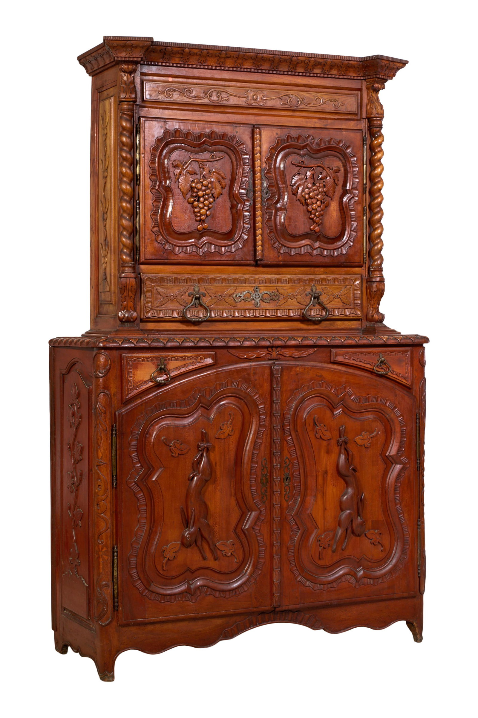 French Renaissance Style Cherry Buffet a Deux Corps, late 19th c., H.- 85 1/2 in., W.- 51 1/2 in., (1 of 4)