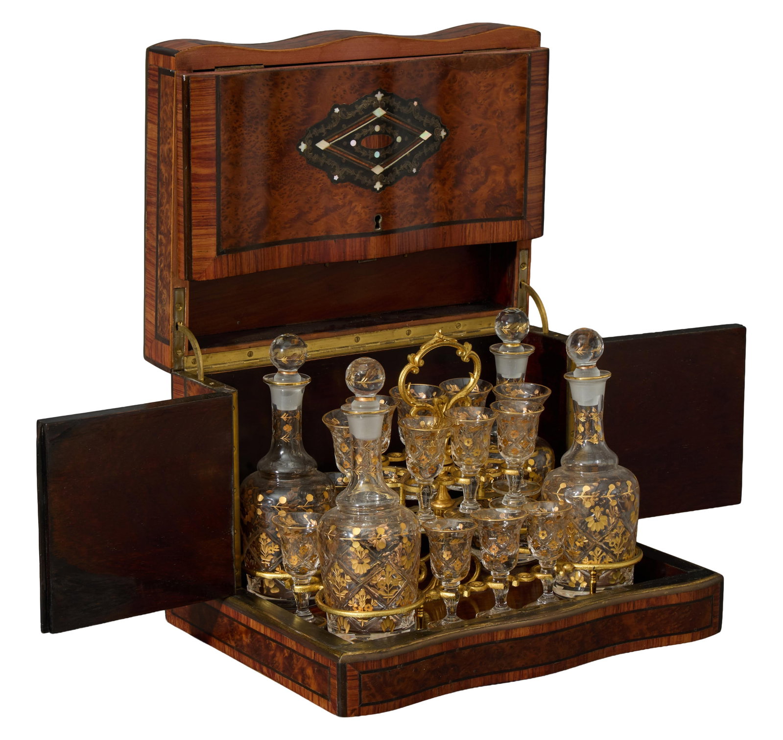 Exceptional Napoleon III Period Mother of Pearl Inlaid Walnut Cave a Liqueur, circa 1870, H.- 9 7/8 (1 of 5)