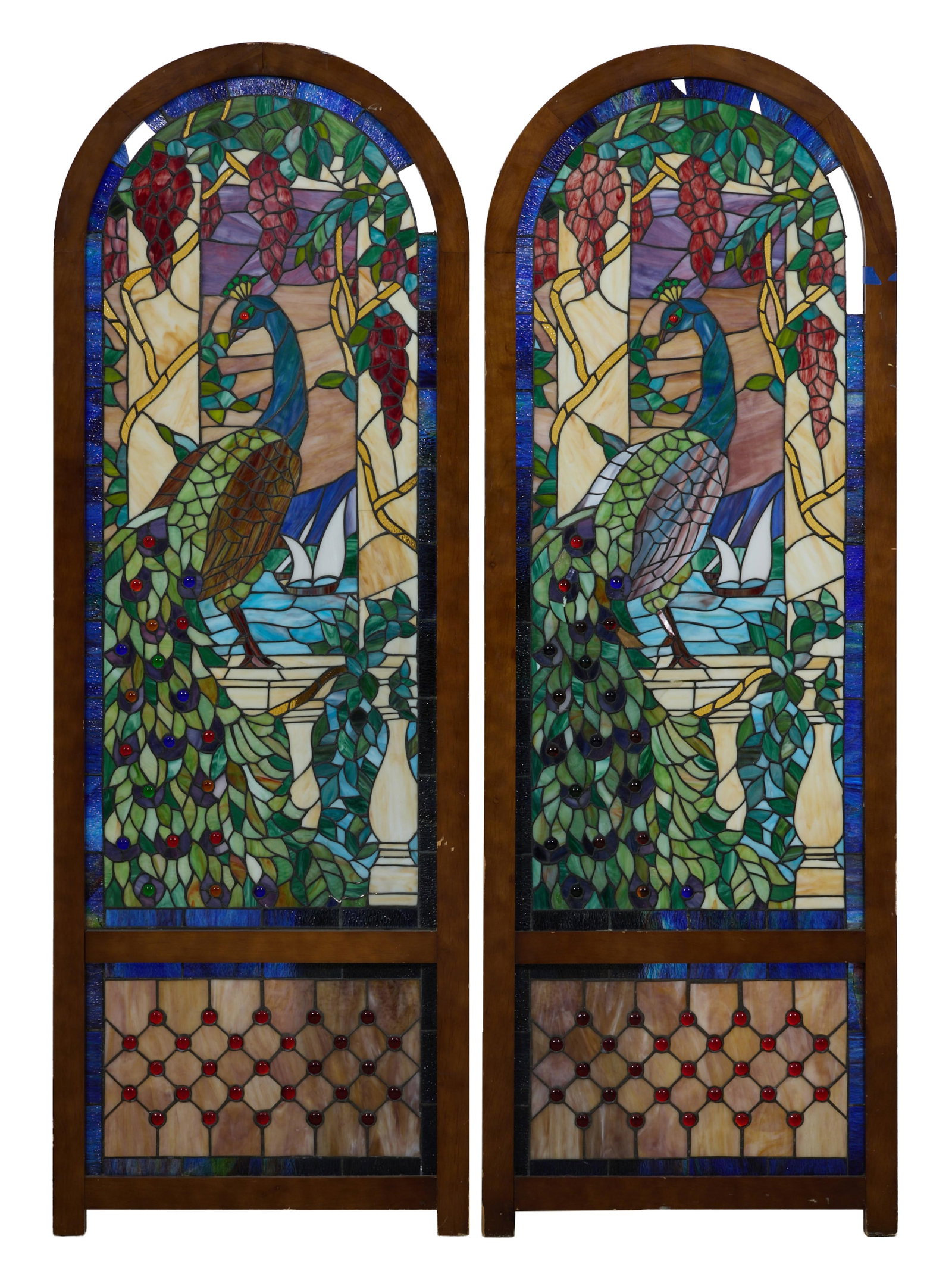 Matched Pair of Peacock Stained Glass Doors, 20th c., H.- 63 3/4 in., W.- 22 1/4 in., D.- 1 1/4 in. (1 of 4)