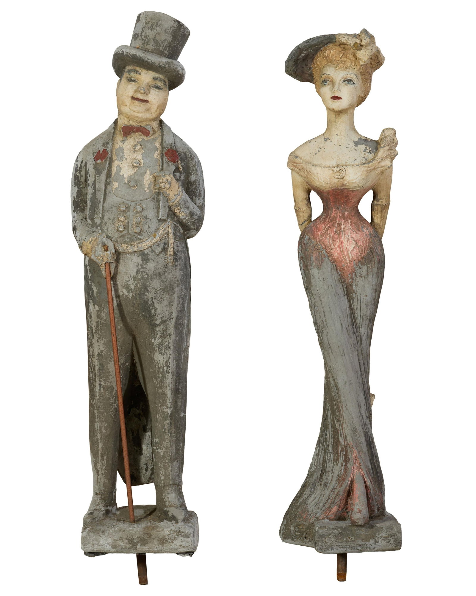 Pair of Roaring Twenties Polychromed Concrete Figural Garden Statues, early 20th c., Man- H.- 46 1/2 (1 of 7)