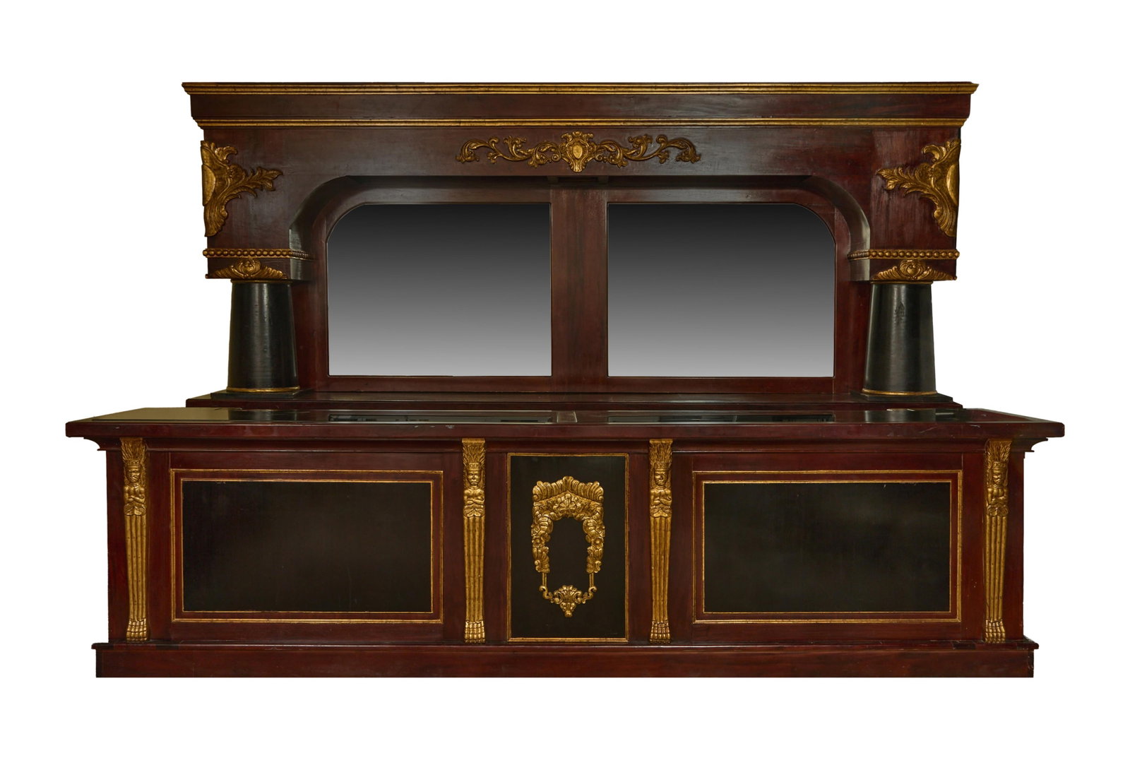 Massive Brunswick Style Mahogany Fourteen Foot Bar, 20th c., Back Bar- H.- 115 in., W.- 168 in., D.- (1 of 20)