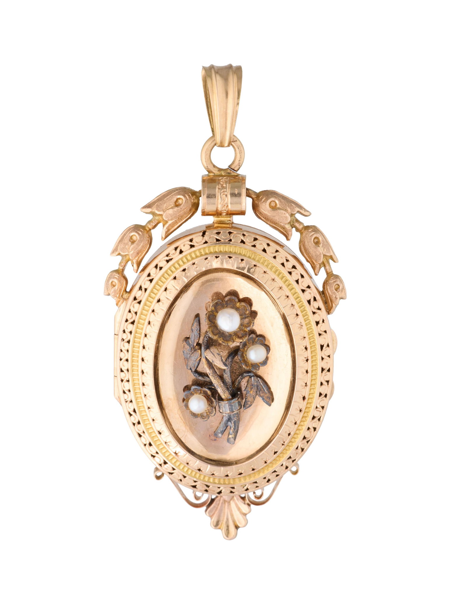 French 18K Gold and Pearl Locket, 19th c., App. Total Wt.- 7 grams, H.- 2 1/4 in., W.- 1 1/8 in.: French 18K Gold and Pearl Locket, 19th c., of oval form surmounted by bellflower garlands, with pierced cover bearing applied floral decoration set with seed pearls, aproned with S-scrolls flanking an