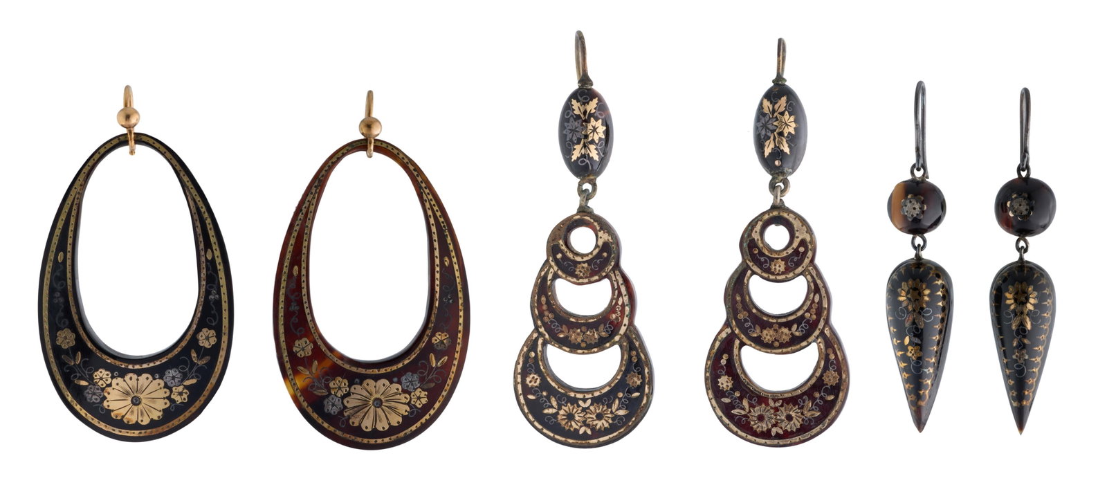 Three Pairs of Victorian Pique Earrings, 19th c., App. Total Wt.- 13.6 grams; Largest- H.- 1 7/8: Three Pairs of Victorian Pique Earrings, 19th c., of varying forms, bearing precious metal inlay, App. Total Wt.- 13.6 grams; Largest- H.- 1 7/8 in., W.- 1 in. (6 Pcs.) Please Note: All assessments of