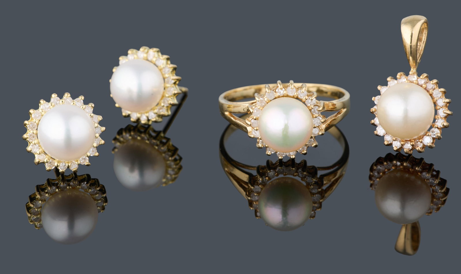 Four Pieces Set of 14K Yellow Gold Pearl and Diamond Jewelry, App. Total Diamond Wt.- 0.72 carats; (1 of 6)
