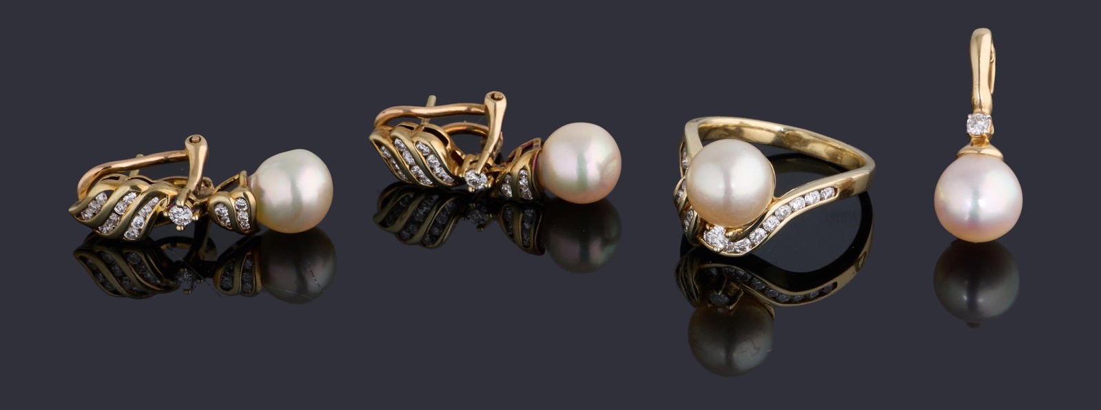 Four Pieces of 14K Yellow Gold Pearl and Diamond Jewelry, App. Total Wt.- 12.9 grams; Ring- Size- 6 (1 of 4)