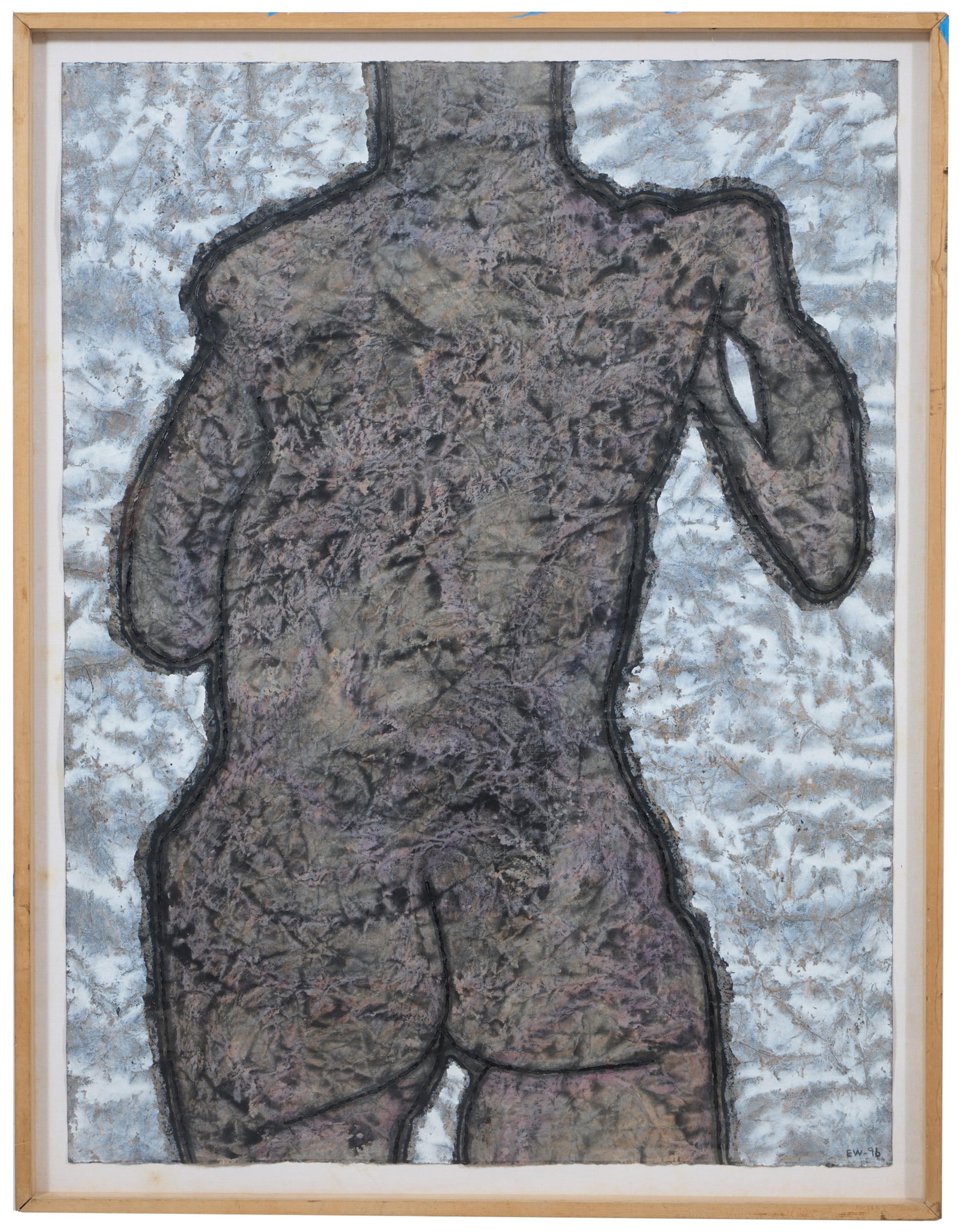 Edward R. Whiteman (American/Louisiana, b.1938), "Standing Nude Figure from Behind," 1996, Sight-: Edward R. Whiteman (American/Louisiana, b.1938), "Standing Nude Figure from Behind," 1996, mixed media on paper, monogrammed "E.W." and dated lower center, float-mounted in a wood frame with plexiglas