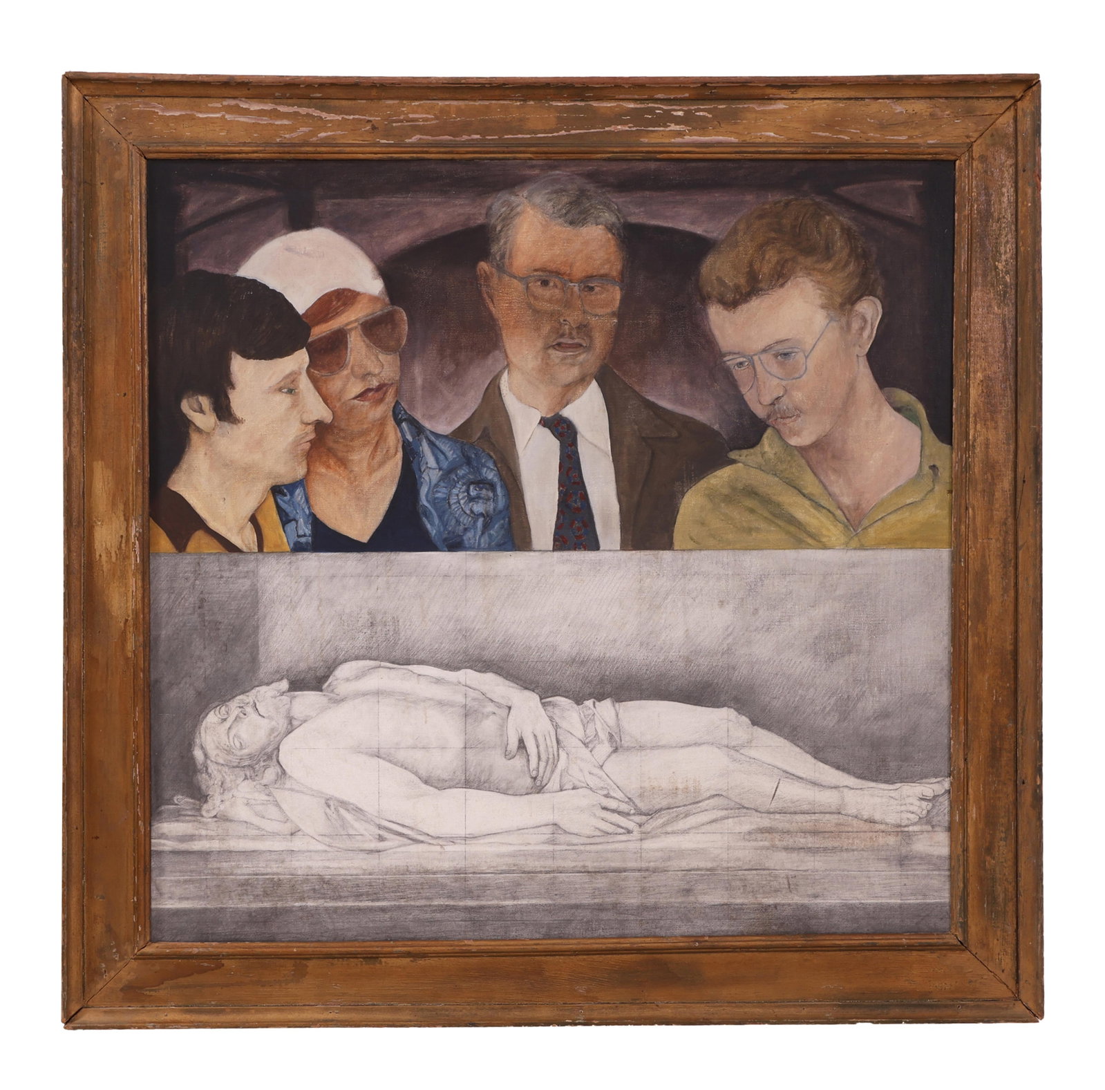 Ann Henderson (American, 20th/21st Century), "The Entombment," H.- 36 in., W.- 36 in., Framed- H.-: Ann Henderson (American, 20th/21st Century), "The Entombment," mixed media: oil and graphite on canvas laid to panel, unsigned, titled on label en verso, presented in a giltwood frame, H.- 36 in., W.-