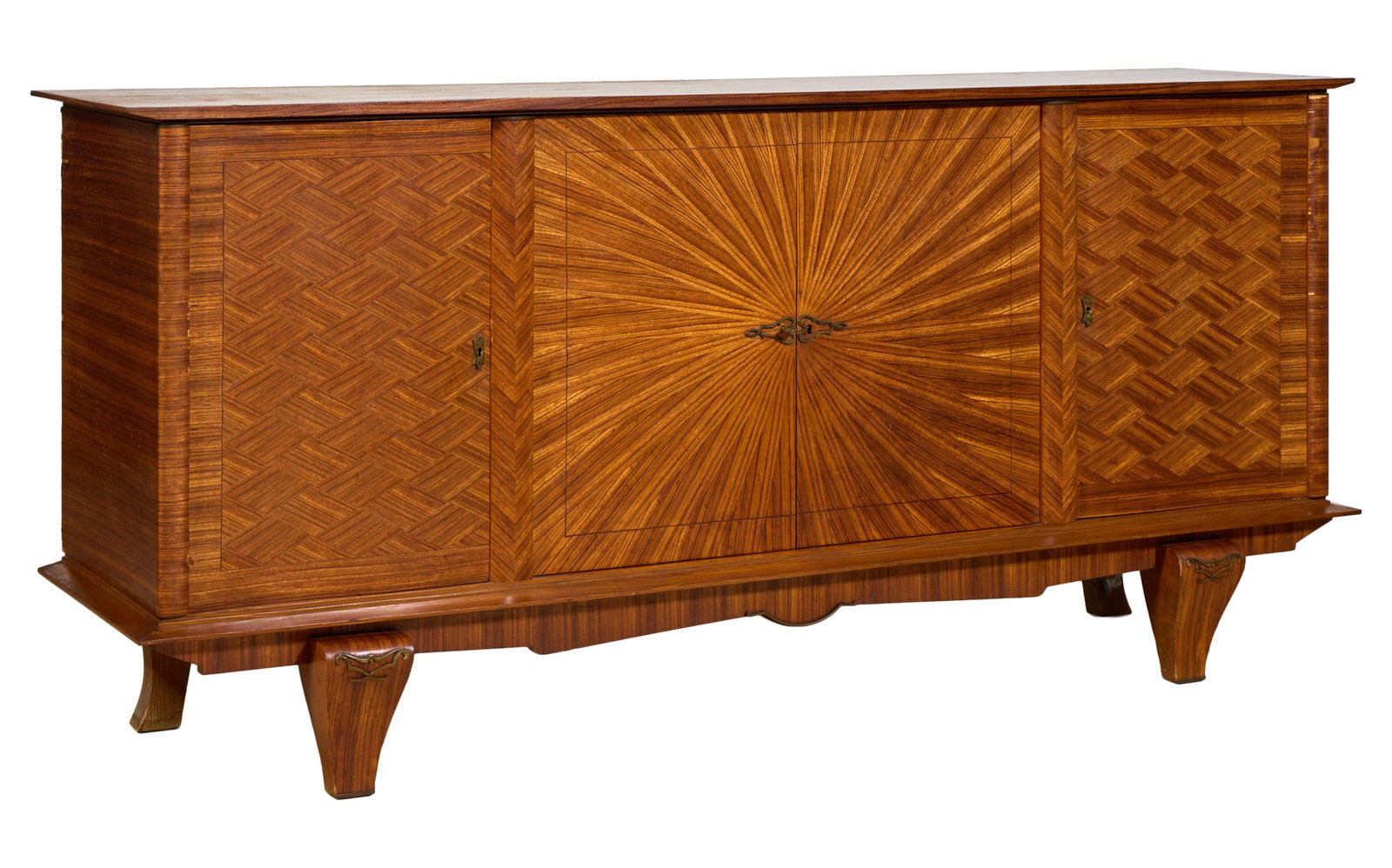 French Art Moderne Parquetry Enfilade, mid 20th c., H.- 40 in., W.- 86 5/8 in., D.- 20 1/2 in.: French Art Moderne Parquetry Enfilade, mid 20th c., the rectangular top over central sunburst paired doors flanked by basket weave doors, chevron stiles between, inset apron, carved tapered legs, H.- 