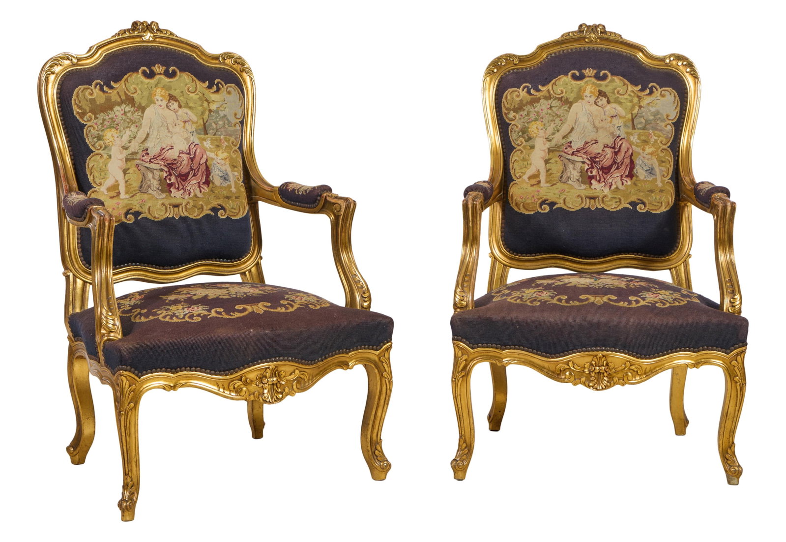 Pair of Louis XV Style Gilt Fauteuils, 21st c., Each- H.- 42 in., W.- 26 in., D.- 26 in. (2 Pcs.) (1 of 5)