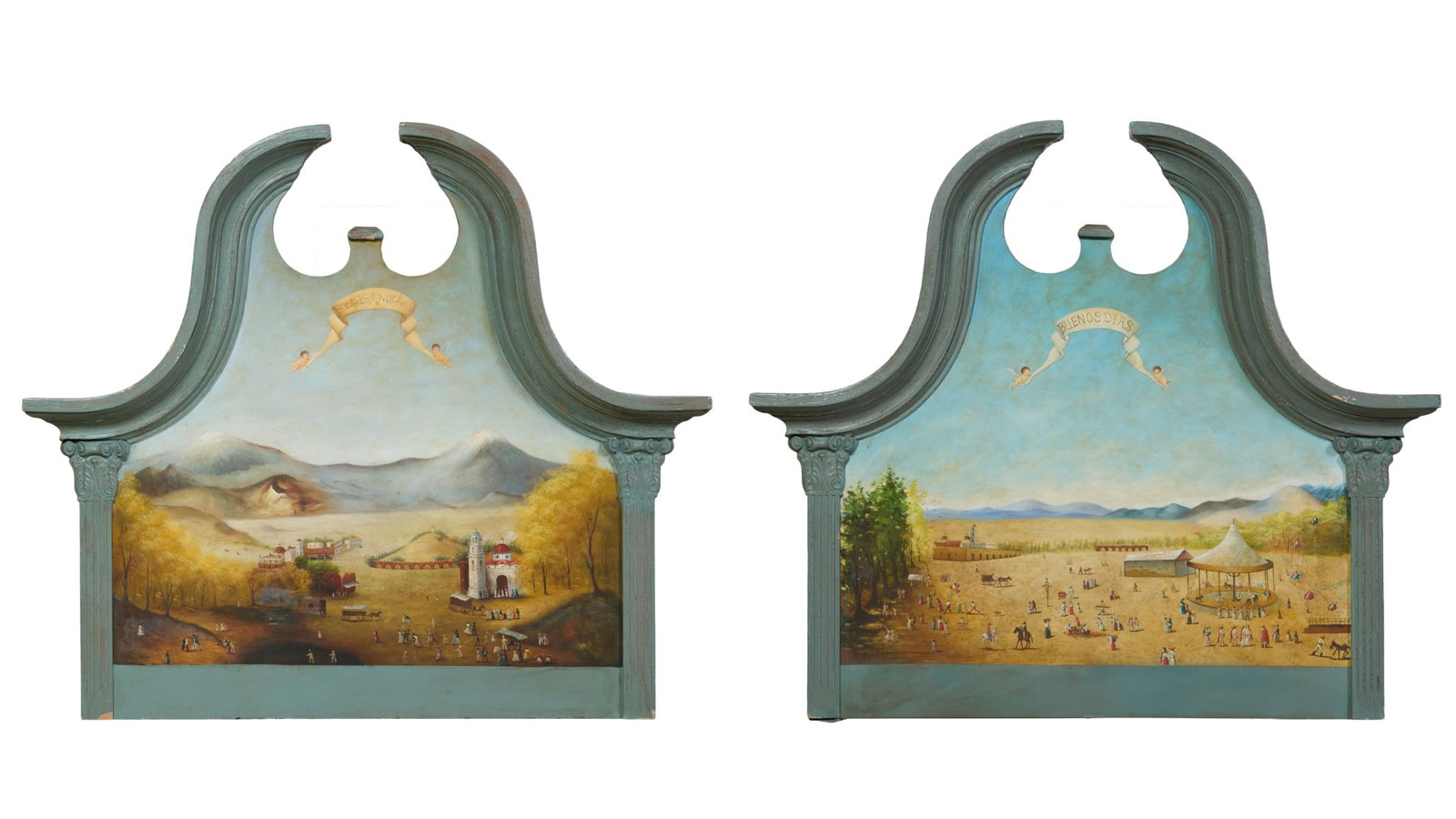 Pair of Mexican Hand-Painted Head Boards, Each- H.- 43 3/8 in., W.- 49 in., D.- 4 3/4 in., Bottom: Pair of Mexican Hand-Painted Head Boards, each with a curvilinear broken pediment flanked by Corinthian pilasters in grisaille, each with an oil painted village scene in the mountains: one with a Miss
