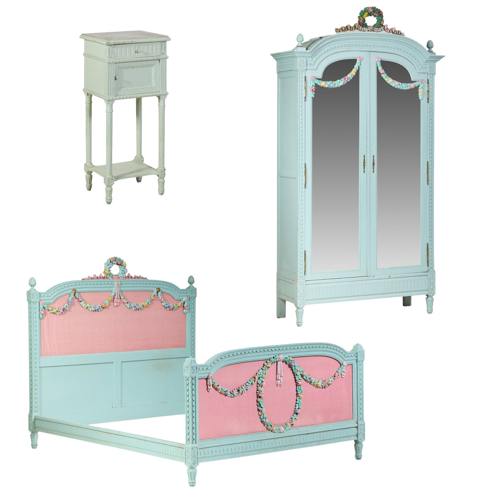 Three Piece French Henri II Style Polychromed Bedroom Group, late 19th c., Armoire- H.- 91 1/2 in., (1 of 5)