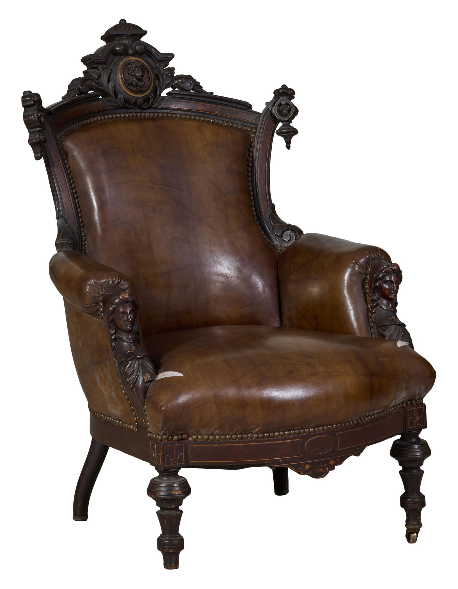 American John Jelliff Neo Greco Carved Walnut Arm Chair, Newark, New Jersey, late 19th c., H.- 43: American John Jelliff Neo Greco Carved Walnut Arm Chair, Newark, New Jersey, late 19th c., the broken pediment crest with central bust cartouche, pendant ears, into anthemion scroll, padded arms into 