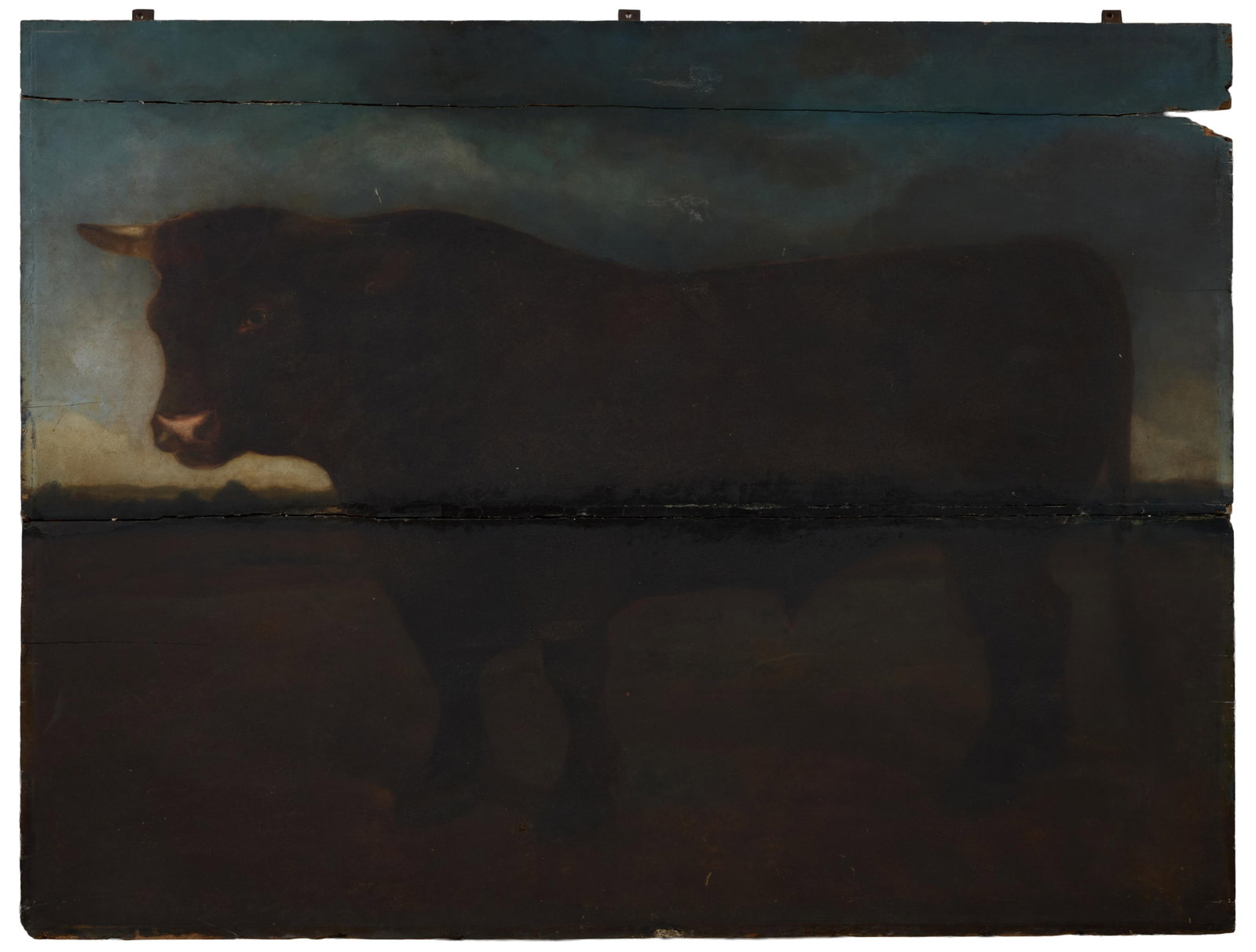 American School, Antique Painting of a Bull, Possibly Used as a Sign, 19th/20th c., H.- 61 1/2 in., (1 of 2)