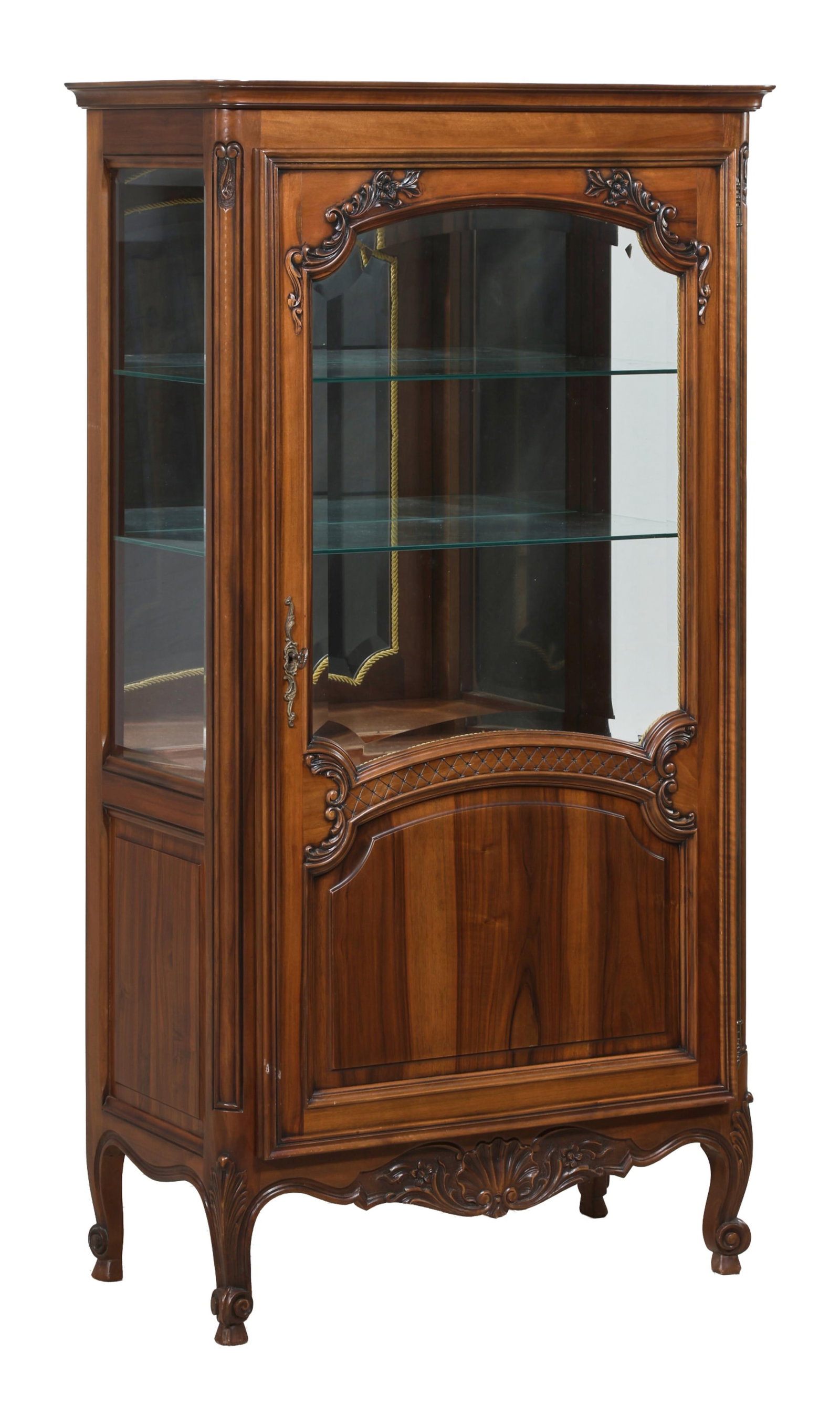 French Louis XV Style Carved Walnut Curio Cabinet, late 20th c., H.- 63 in., W.- 34 in., D.- 17 1/4 (1 of 3)