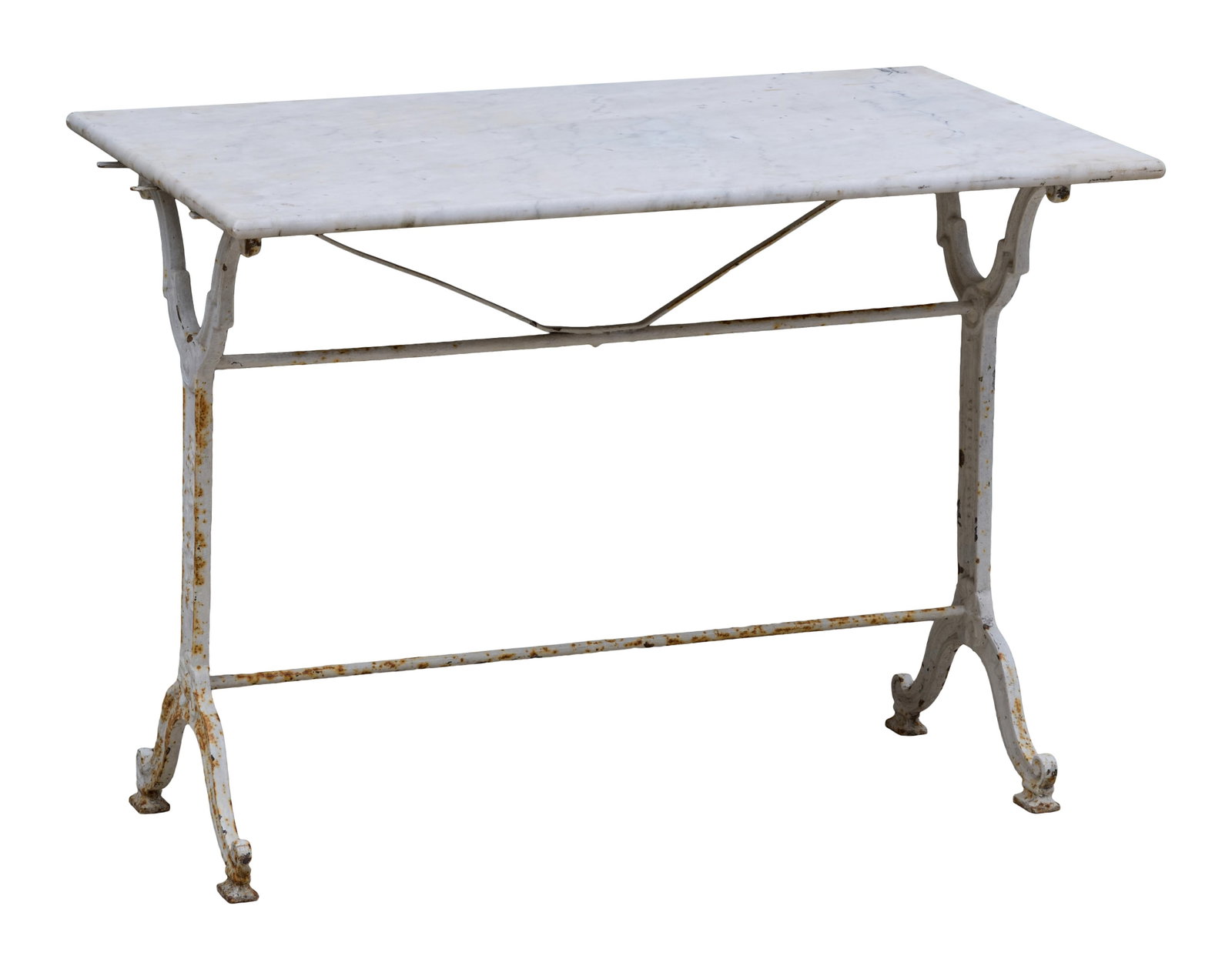 French Parisian Marble and Irom Bistro Table, mid 20th c., H.- 28 in., W.- 39 in., D.- 23 in. (1 of 2)