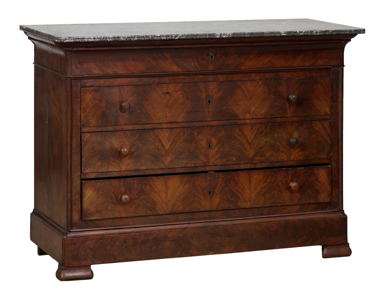 French Louis Philippe Marble Top Walnut Commode, mid 19th c., H.- 36 3/4 in., W.- 50 1/8 in., D.- 22 (1 of 2)