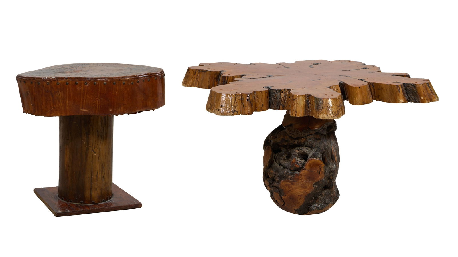 Two Primitive Wood Occasional Tables, late 20th c., Larger- H.- 22 in., W.- 44 in., D.- 43 in.; (1 of 8)