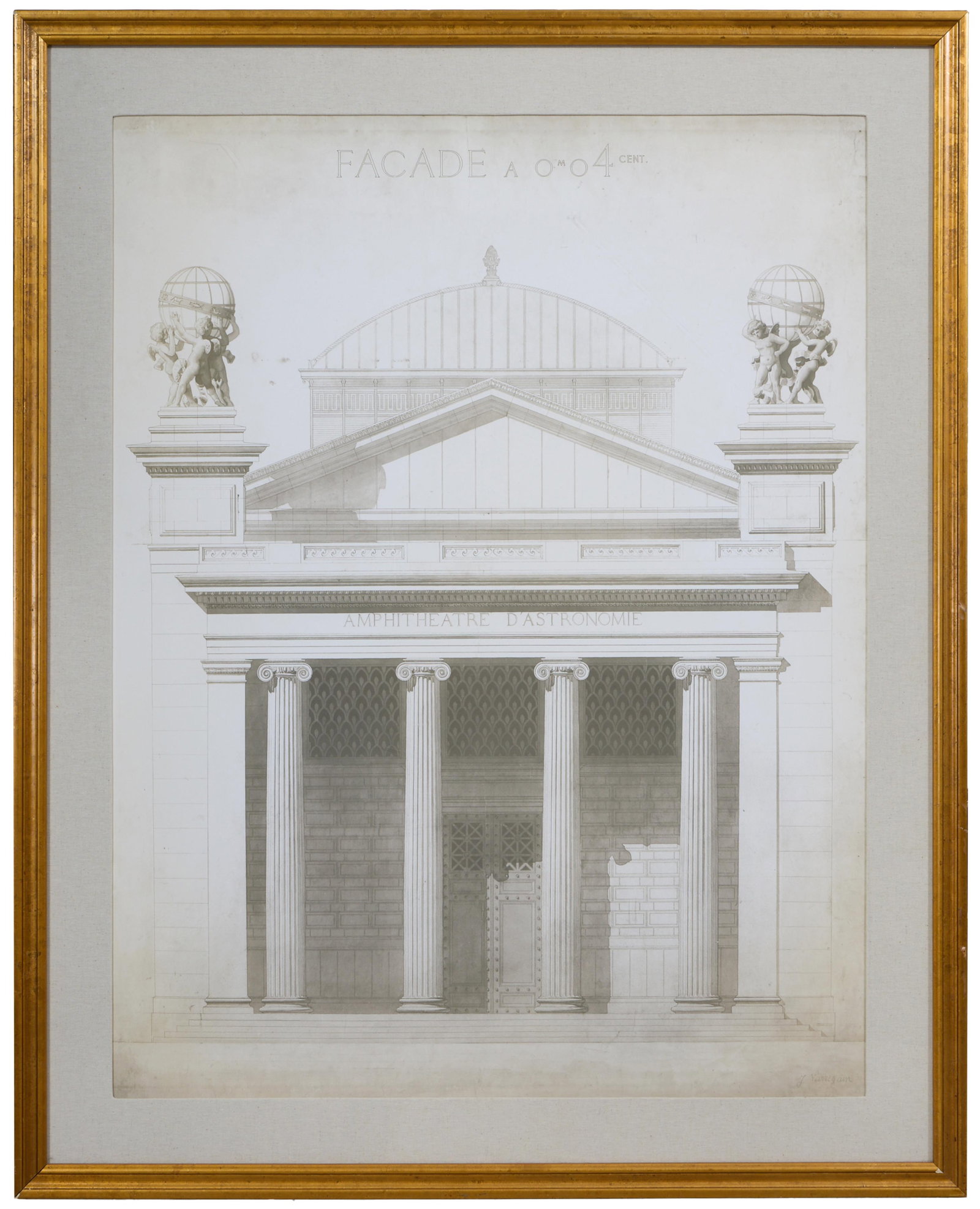 Large French Neoclassical Architectural Drawing for the Facade of the "Amphitheatre d'Astronomie,": Large French Neoclassical Architectural Drawing for the Facade of the "Amphitheatre d'Astronomie," offset lithograph poster, titled in drawing on entablature and signed "J. Varregain" lower right, pre