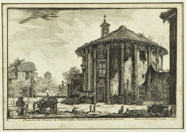 Giovanni Piranesi (1720-1778), "Veduta del Tempio di: Giovanni Piranesi (1720-1778), "Veduta del Tempio di Cibele nella Piazza della Bocca della Verita," marked "Lavora Piranesi incise," 19th c., etching, framed, H.- 5 3/4 in., W.- 8 3/16 in.