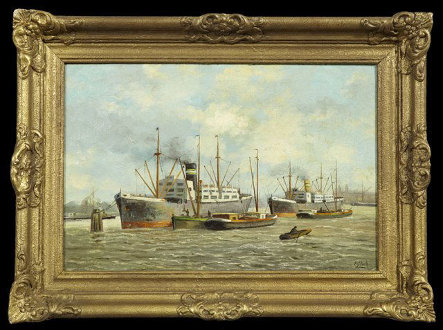 P.V. Shaik, "SS Henry Wilson in Rotterdam Harbor,": P.V. Shaik, "SS Henry Wilson in Rotterdam Harbor," 1943, oil on canvas, signed l.r., dated verso on stretcher, framed, H.- 16 in., W.- 23 1/2 in.