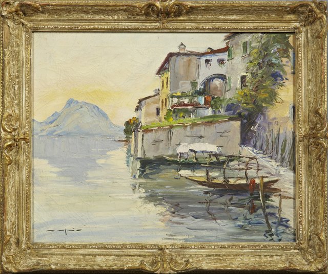 Continental School, "Houses Along the Coast," 20th c.,: Continental School, "Houses Along the Coast," 20th c., oil on canvas, signed indistinctly l.l., framed, H.- 16 in., W.- 20 in.