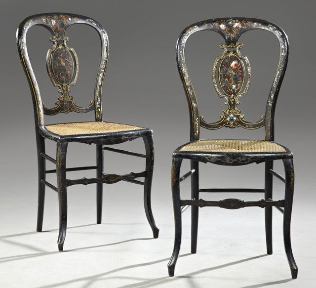 Pair of Black Lacquer Balloon Back Side Chairs, inlaid: Pair of Black Lacquer Balloon Back Side Chairs, inlaid with mother-of-pearl, with floral painted back splats and gilt decoration, to caned seats, on cabriole legs joined by turned stretchers, H.- 35 i