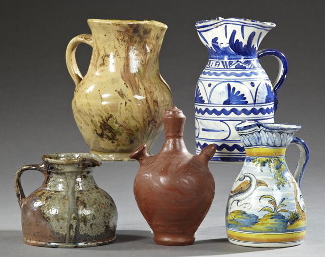 Group of Five Earthenware Pieces, 19th c., consisting: Group of Five Earthenware Pieces, 19th c., consisting of four glazed pitchers and an unglazed gargoulette. (5 Pcs.)