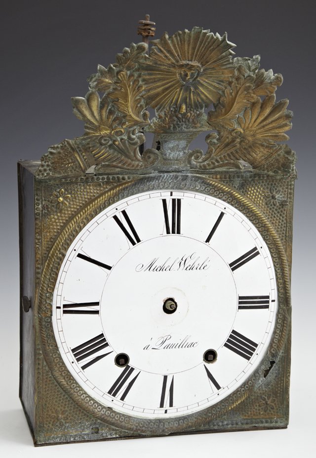 French Provincial Tall Case Clock Movement, early 19th: French Provincial Tall Case Clock Movement, early 19th c., with a brass repousse face with a relief flower filled urn, over an enamel dial painted "Michel Wehrle a Paulliac," H.- 15 1/4 in., W.- 9 1/2