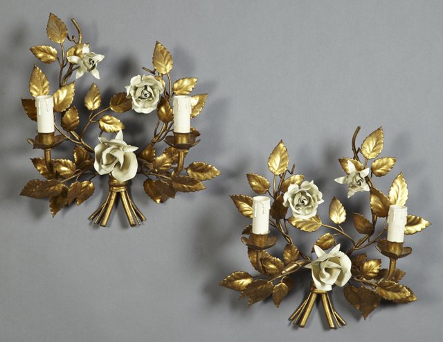 Pair of Gilt and Polychromed Iron Two Light Sconces,: Pair of Gilt and Polychromed Iron Two Light Sconces, 20th c., with white flowers and gilt leaves, electrified, H.- 14 in., W.- 13 in., D.- 4 3/4 in.