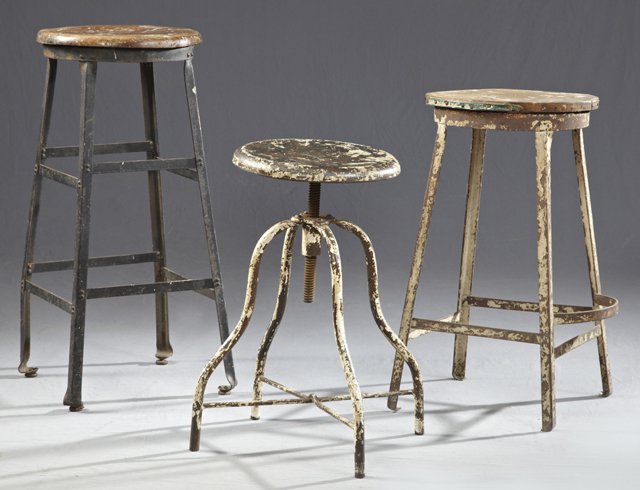 Group of Three Wood and Iron Artist's Stools, property: Group of Three Wood and Iron Artist's Stools, property of George Dureau, Tallest- H.- 30 in., W.- 13 1/2 in., D.- 13 1/2 in.