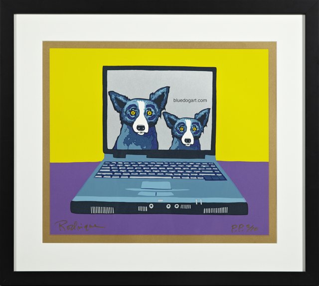 George Rodrigue (1944-), "Bluedogart.com," 20th c.,: George Rodrigue (1944-), "Bluedogart.com," 20th c., serigraph, press proof 2./10. numbered l.r., signed l.l., framed, H.- 18 1/4 in., W.- 21 7/8 in.