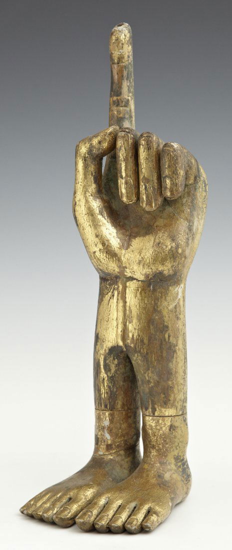 Pedro Friedeberg (1937-), "Gilt Miniature Hand Foot,": Pedro Friedeberg (1937-), "Gilt Miniature Hand Foot," carved wood, H.- 12 1/2 in., W.- 3 3/4 in., D.- 5 in.
