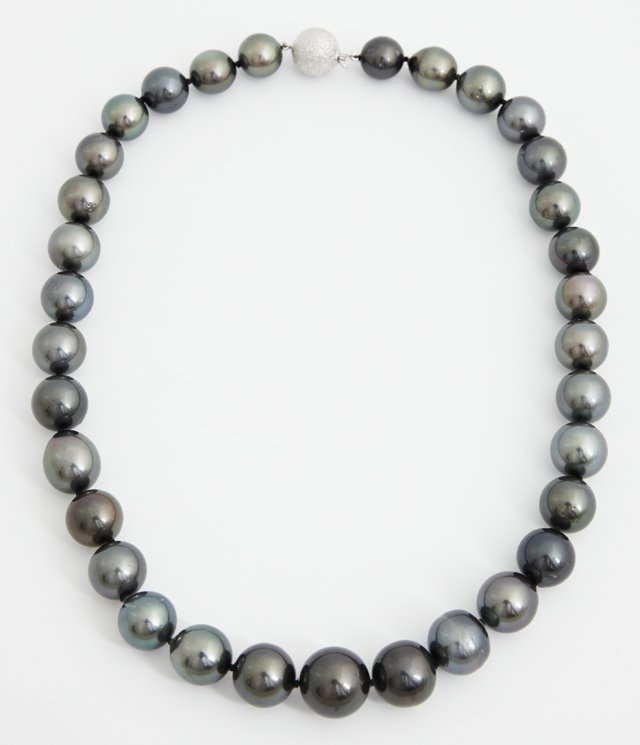 Gray Cultured Tahitian Graduated Pearl Necklace, with: Gray Cultured Tahitian Graduated Pearl Necklace, with 33 pearls ranging from 11-15mm, with a 14K white gold ball form clasp, L.- 18 in., with appraisal.