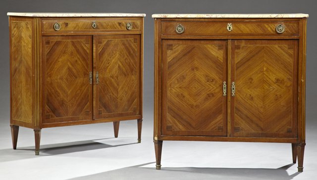 Rare Pair of Inlaid Mahogany Louis XVI Style Marble Top: Rare Pair of Inlaid Mahogany Louis XVI Style Marble Top Servers, c. 1900, the hexagonal ogee edge ochre marble tops on bases with single frieze drawers over double cupboard doors, on tapered square le