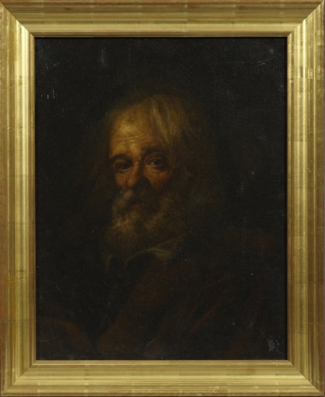 Italian School, "Prophet", 19th c., oil on canvas,: Italian School, "Prophet", 19th c., oil on canvas, after Rembrandt van Rijn (Dutch, 1606-1669), signed indistinctly, inscribed, and dated verso, framed, H.- 20 1/8 in., W.- 16 in., Provenance: An Indi