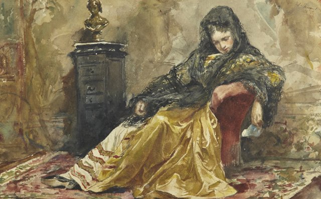 Continental School, "Bad News," 1873, watercolor,: Continental School, "Bad News," 1873, watercolor, signed indistinctly and dated u.r., framed, H.- 9 1/2 in., W.- 14 7/8 in.