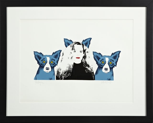 George Rodrigue (1944-), Blue Dogs and Imposter," 20th: George Rodrigue (1944-), Blue Dogs and Imposter," 20th c., serigraph, artist's proof, pencil marked "Artist's Proof" l.r., pencil signed l.l., framed, H.- 16 in., W.- 22 in.