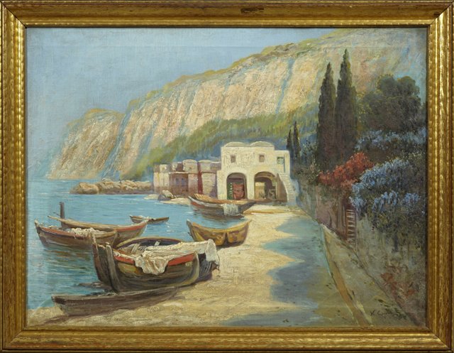 Continental School, "Boats Along the Shore," late 19th: Continental School, "Boats Along the Shore," late 19th c., oil on canvas, signed indistinctly l.r., framed, H.- 23 in., W.- 31 in.