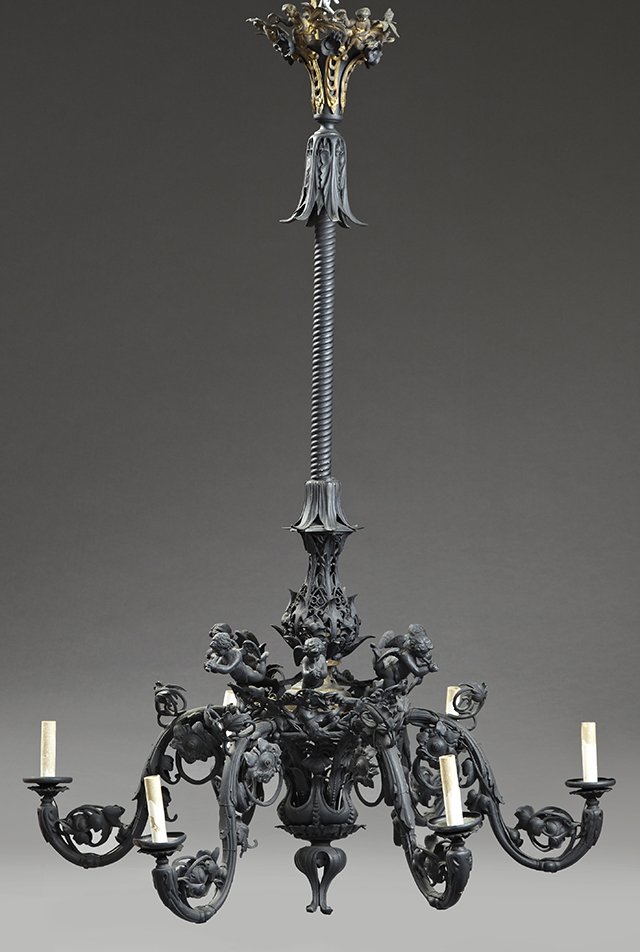 Unusual American Brass and Spelter Six Light: Unusual American Brass and Spelter Six Light Chandelier, late 19th c., with a pierced floriform support to a center ring with six spelter putti above the six leaf decorated scrolled arms, now painted 