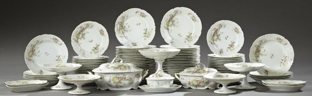 Ninety-Eight Piece Partial Set of Limoges Porcelain: Ninety-Eight Piece Partial Set of Limoges Porcelain Dinnerware, 19th c., consisting of 9 soup bowls, 44 dinner plates, 35 salad plates, 2 covered vegetable bowls, 3 compotes, covered sauceboat, and 4 