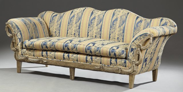 French Style Serpentine Back Settee, the arms with: French Style Serpentine Back Settee, the arms with relief garland and tassel decoration, on tapered square legs, in striped brocade fabric, with a tan painted finish, H.- 37 1/2 in., W.- 93 in., D.- 3