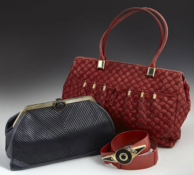 Three Pieces, consisting of a vintage red snake skin: Three Pieces, consisting of a vintage red snake skin belt with black enamel buckle; a large red Judith Leiber quilted leather purse, with a crimson satin interior, H.- 11 1/2 in., W.- 18 in., D.- 6 3/