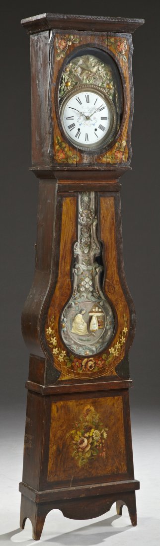 French Provincial Pine Faux Bois Tallcase Clock, mid: French Provincial Pine Faux Bois Tallcase Clock, mid 19th c., the ogee crown over a polychromed brass repousse face with birds and fruit, over an enamel floral painted dial marked "Francois Desime Odo