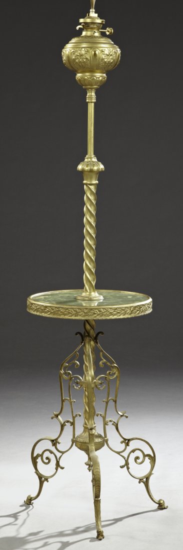 Brass Organ Oil Floor Lamp, 19th c., with a reopoisse: Brass Organ Oil Floor Lamp, 19th c., with a reopoisse font and a central green onyx table on pierced scrolling supports to pierced scrolling legs, H.- 64 in., Dia.- 16 1/2 in.