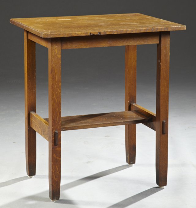 Stickley Brothers Mission Oak Lamp Table c. 1910, the: Stickley Brothers Mission Oak Lamp Table c. 1910, the underside with a metal Quaint Furn. Co. tag, H.- 29 1/2 in., W.- 26 in., D.- 20 in.