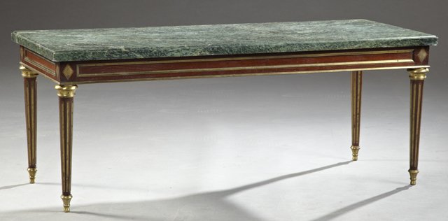 Louis XVI Style Ormol Moiunted Brass Marble Top Coffee: Louis XVI Style Ormol Moiunted Brass Marble Top Coffee Table, 20th c., the ogee edge verde antico marble on an ormolu mounted base, on tapered relief ormolu mounted legs, H.- 18 1/2 in., W.- 48 in., D