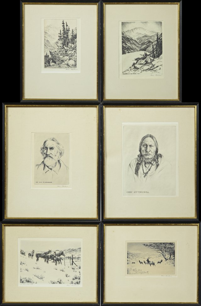 Hans Kleiber (1887-1967), "Winter in the Bighorns," "In: Hans Kleiber (1887-1967), "Winter in the Bighorns," "In the Bighorns," "Waiting at the Gate," "Cloud Peak and Lake Solitude," "Chief Sitting Bull," and "An Old Plainsman, group of six etchings, each p